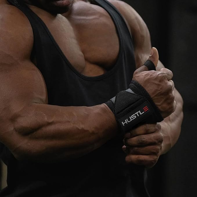 Hustle Athletics Wrist Wraps for Weightlifting, USPA-Approved Wrist Support Weight Lifting Wraps, Premium Hook-and-Loop, 12 in or 18 in Heavy-Duty Cotton-Elastic Support for Powerlifting & Bench Press