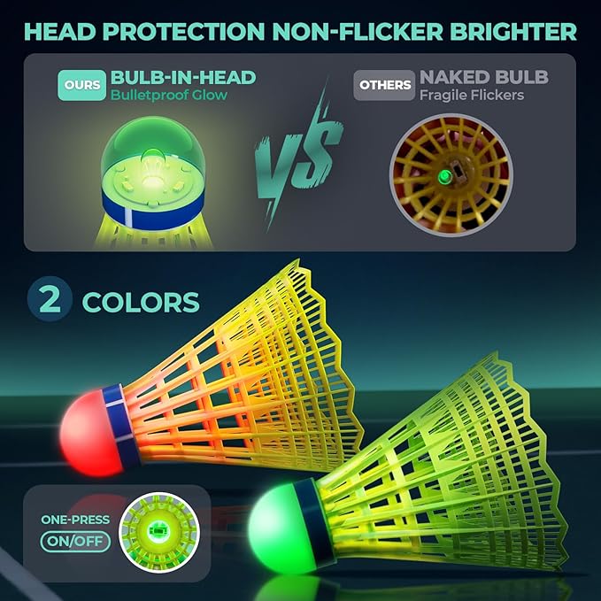 HIRALIY LED Badminton Birdies 6/12 PCS, 360 Nylon Glow in The Dark Badminton Shuttlecocks for Baseball Backyards Practice, 2 Color Plastic Light Up Birdie Set for Indoor Outdoor Sports Activities