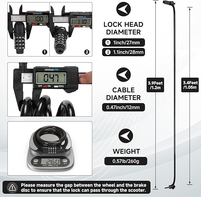 Bike Lock, 3.9 Feet 4-Digit Resettable Combination Password Anti-Theft Cable Lock, Cute Coiled Bike Lock with Mounting Bracket, Suitable for Bicycles, Electric Scooters, Ebikes (Black-12mm)