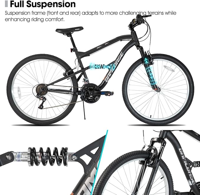 Hiland Full Suspension Mens Mountain Bike, 18 Speed, 26 Inch Wheel, Dual V Brake Bike for Men Womens Adult Bicycle