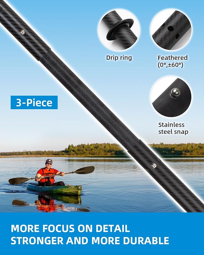 OCEANBROAD Adjustable Carbon Fishing Kayak Paddle - 94in/240cm-98in/250cm-102in/260cm Carbon Fiber Shaft with Paddle Leash