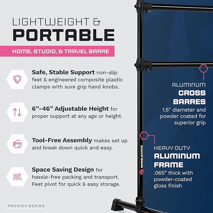 VITA Barre Portable Freestanding Double Ballet Barre, Prodigy, with Carry Bag | Adjustable Height, USA Made, Home or Gym Exercise Equipment for Kids & Adults | Dance, Fitness, Pilates