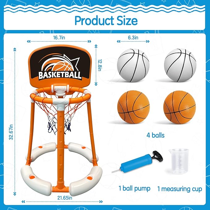Pool Basketball Hoop with Backboard, Floating Basketball Hoop for Pool with 4 Balls & Pump, Pool Toys for Kids and Adults