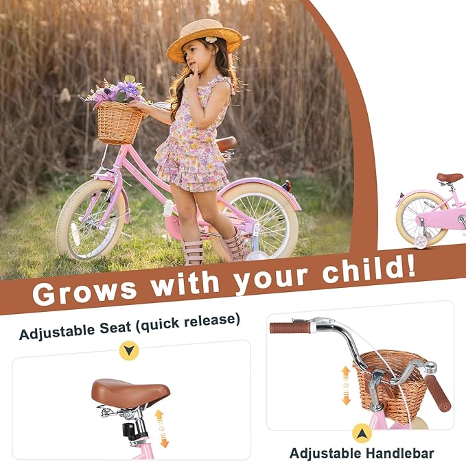 Glerc Little Molly 12-20 Inch Kids Retro Cruiser Bike for 2-13 Year Old with Wicker Basket & Training Wheels/Kickstand, Multiple Colors