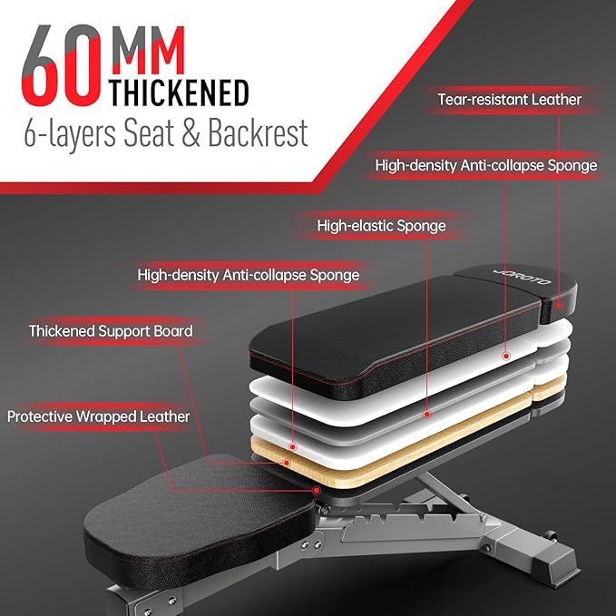 JOROTO MD80 Adjustable Weight Bench, 1000LB Heavy Duty Workout Bench Press for Home Gym, Commercial Grade Flat Incline Decline Strength Training Utility Bench with Wheels and Extended Backrest