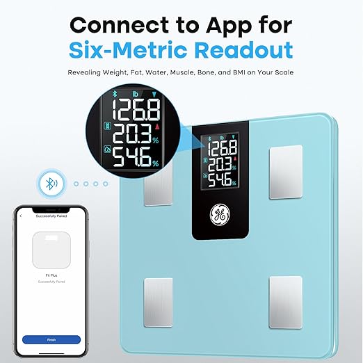 GE Smart Scale for Body Weight, BMI, Fat, Muscle Mass with All-in-one LCD Display, Digital Bathroom Scale Bluetooth Body Composition Analyzer with App, Accurate Weighing 400 lb Blue