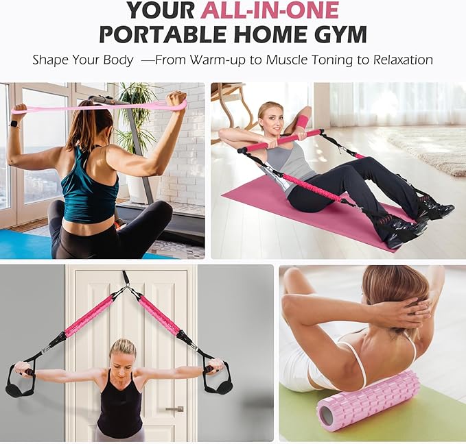 Upgraded Pilates Bar Kit with Resistance Bands Natural Latex for Women & Men, Heavy-Duty Stainless Steel Multifunctional Yoga Pilates Stick for Home Gym Exercise Fitness Equipment Full-Body Workouts