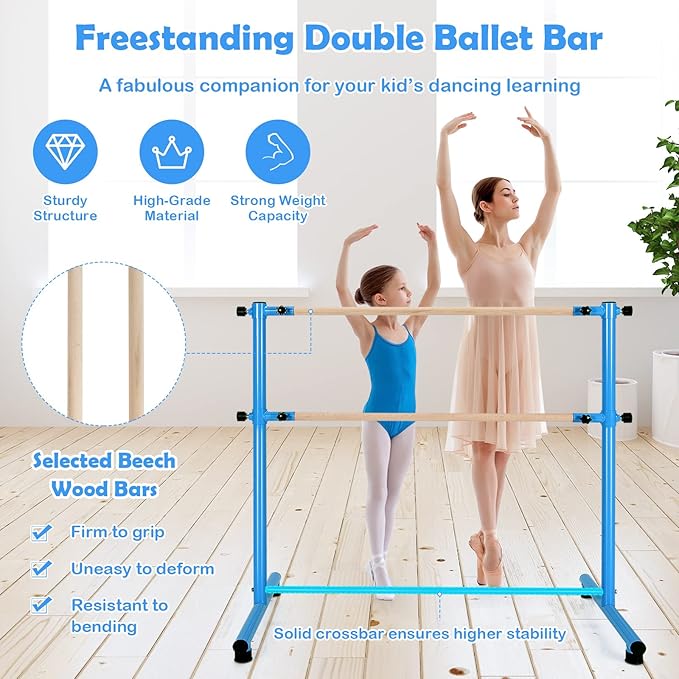 GOFLAME Double Ballet Barre Portable, 47” Freestanding Dancing Barre with 5 Adjustable Heights, Beech Wood Ballet Bar, Fitness Stretching Dancing Bar for Home, Gym, Dancing Room