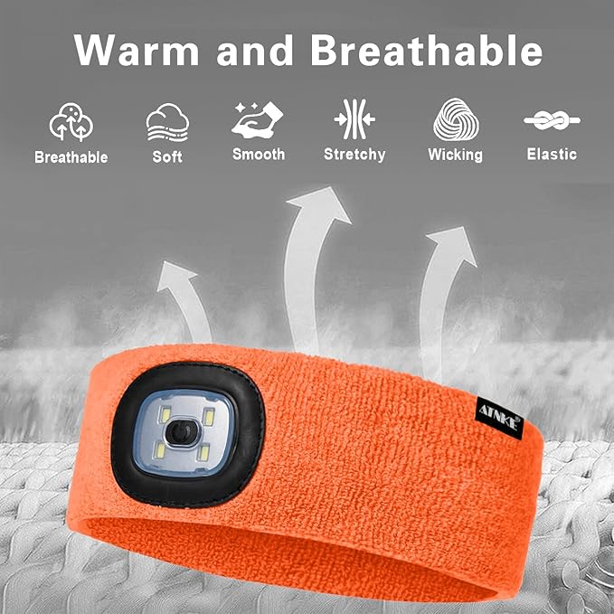 ATNKE 4 LED Lighted Sport Sweatband,USB Rechargeable Running Head Band Lamp High Stretch Wicking Gifts for Men and Women
