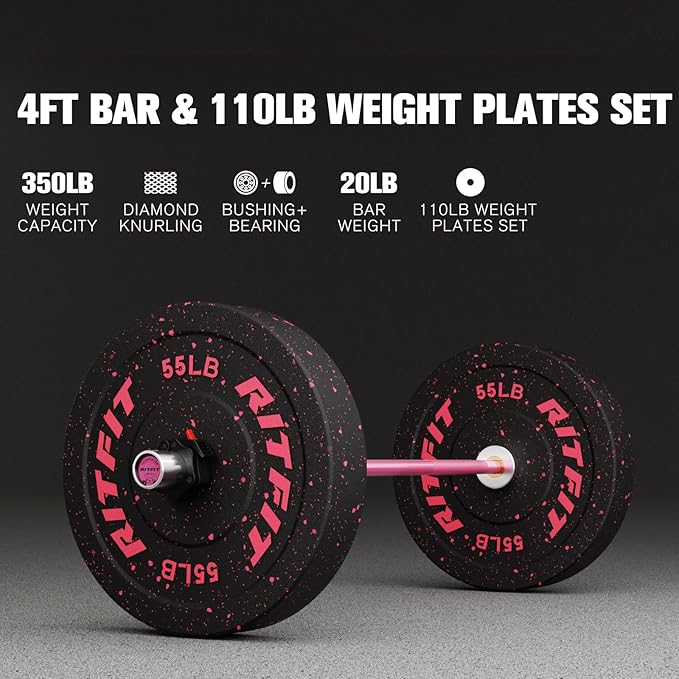 RitFit Barbell Weight Set - 4/6FT Olympic Barbell with Weight Plates (55-275LB Total) - Weightlifting Equipment for Squats, Curls, Deadlifts, Presses, Hip Thrusts