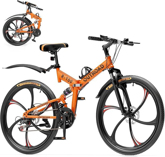 Outroad Folding Mountain Bike Foldable/Unfoldable Bike 26 Inch for Adult, 21-Speed Dual Suspension High-Carbon Steel MTB Foldable Bicycle, Dual Disc Brake Folding Bikes for Women and Men