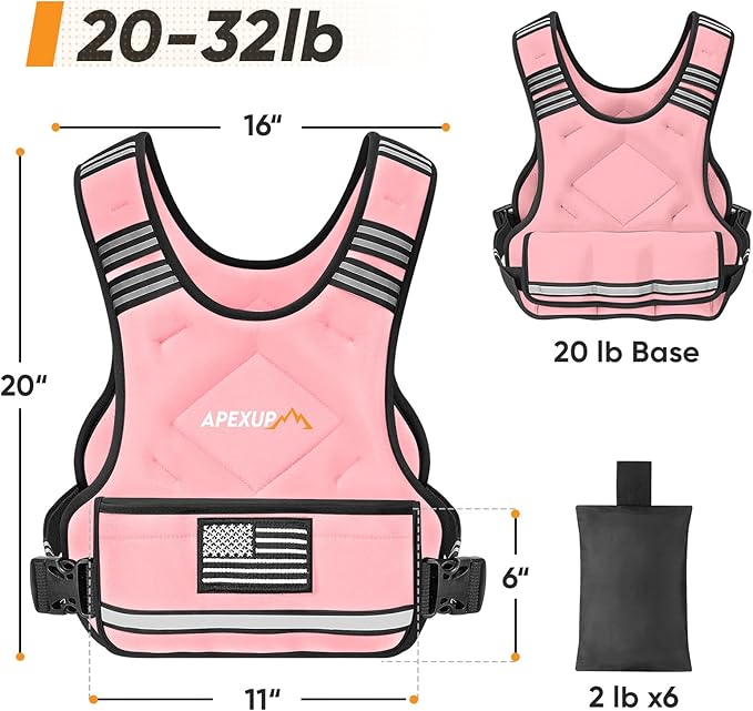APEXUP Adjustable Weighted Vest, 4-10lb/12-18lb/20-32lb Vest with 6 Ironsand Weights and Large Pocket, Weight Vest for Men Women Strength Training, Running, Walking