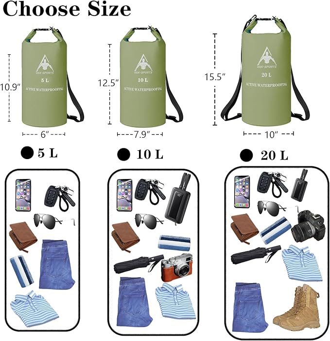Oak-Sports Dry Bag Waterproof Backpack 5L/10L/20L, Roll Top Lightweight Beach Bag with Double Zipper Seal for Swimming, Kayaking, Hiking, Boating, Adjustable Shoulder Strap
