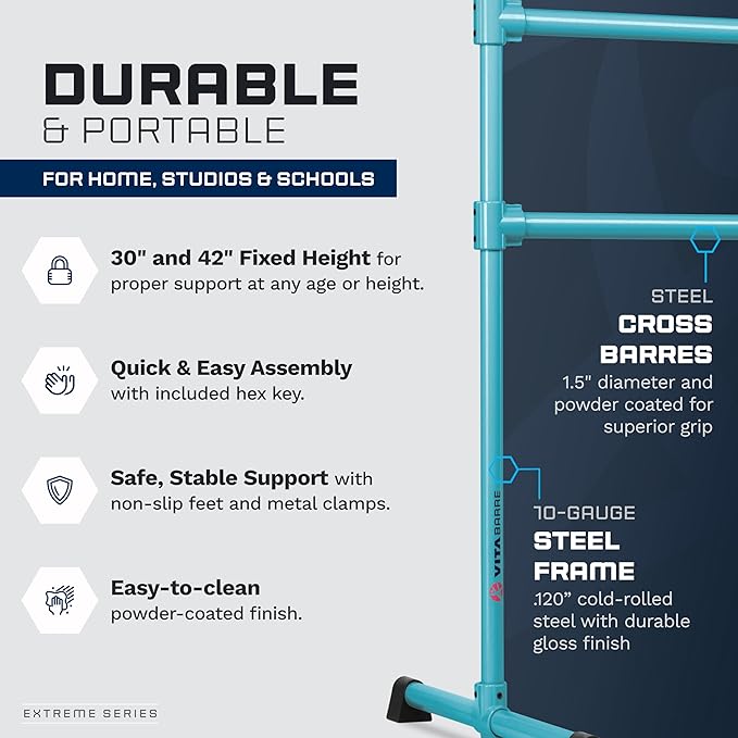 VITA Barre Portable Freestanding Double Ballet Barre, Extreme, Steel | Fixed Height, Made in USA, Home or Gym Exercise Equipment for Kids & Adults | Dance, Fitness, Pilates