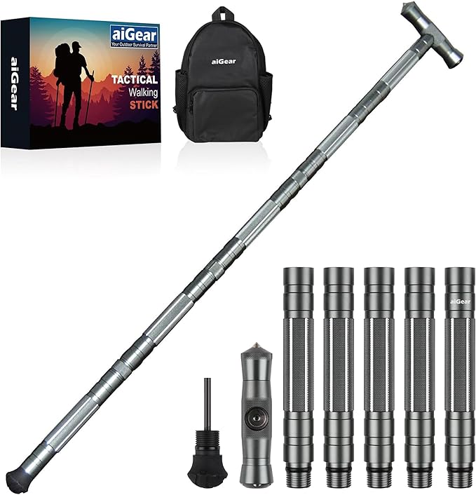 aiGear Tactical Stick Hiking Walking Staff - Trekking Poles Tactical Staff Adjustable Hiking Stick Gear for Outdoor Survival Camping Hiking