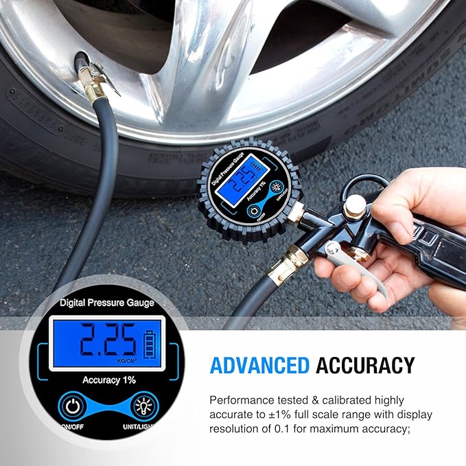Nilight 50026R Digital Tire Inflator Pressure Gauge,250 PSI Air Chuck and Compressor Accessories Heavy Duty with Rubber Hose Quick Connect Coupler for 0.1 Display Resolution