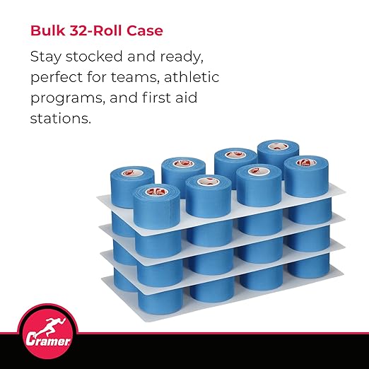Cramer Team Color Athletic Tape, Blue, Latex-Free, 1.5" x 10yds, 32 Roll Bulk Case, Tearable Sports Tape for Wrists, Ankles, Baseball, Training, Strong Athletic Wrap for Athletes & Trainers
