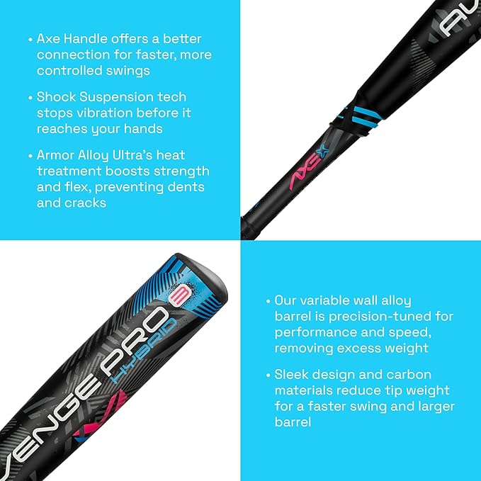 Axe | Avenge Pro 3 Hybrid | USA Baseball Bat | Drop -10/-8/-5 | 3-Piece Hybrid | 2 5/8" Barrel | Black/Blue/Pink
