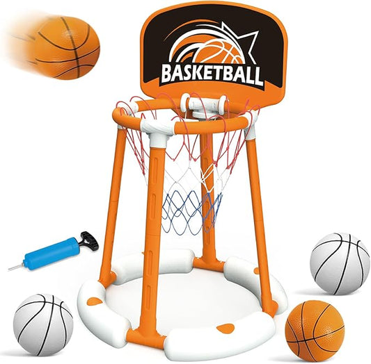 Pool Basketball Hoop with Backboard, Floating Basketball Hoop for Pool with 4 Balls & Pump, Pool Toys for Kids and Adults