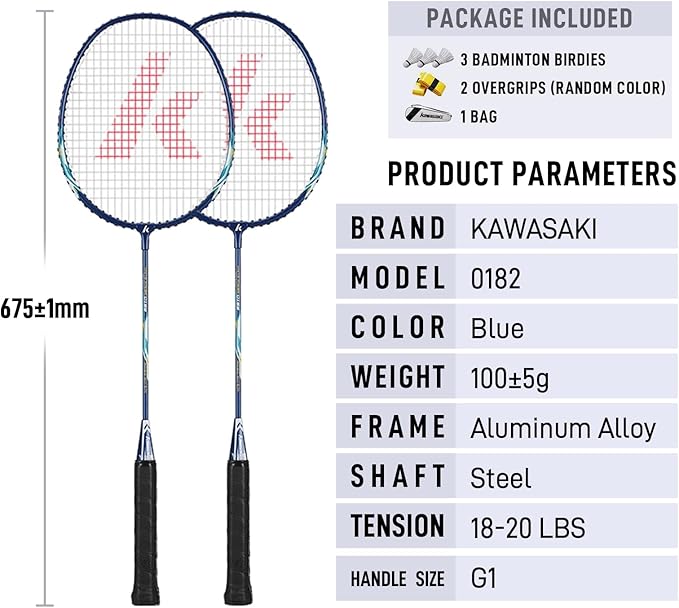 Kawasaki Badminton Set with 2 Badminton Rackets, 3 Shuttlecocks, and Carrying Bag