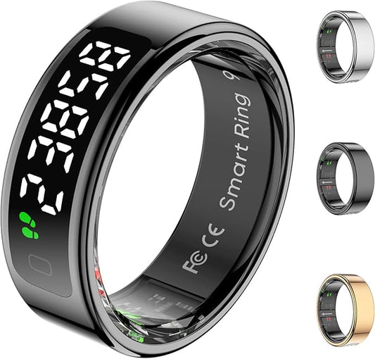 Smart Rings for Men with Display Screen, Fitness Ring with Wireless Charging, Sleep Tracker Ring with Heart Rate, Health Rings for Activity Monitoring/Steps/Calories, for iOS Android (Black,8#)