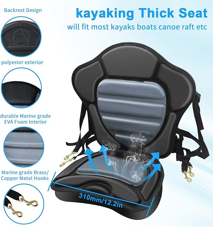 Kayak Seat Deluxe Padded Fishing Boat Seat Deluxe Sit-On-Top Canoe Seat Cushioned - Comfortable Backrest Support Universal Sit with Adjustable Back Strap Detachable Storage Bag