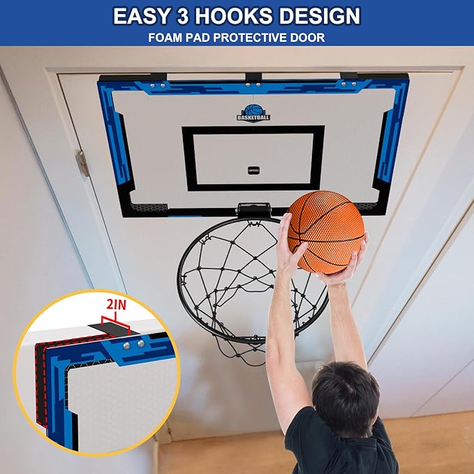24" x 16" Large Basketball Hoop Indoor for Adults, Over The Door Basketball Hoop with Sturdy Backboard, Big Basketball Toys Gifts Ideas for Man Kids Teens Boys Girls, Blue