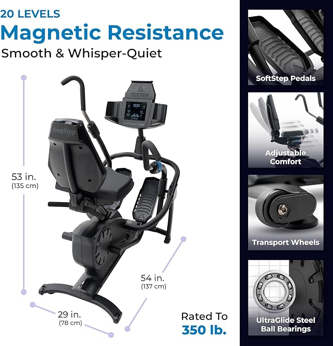 Teeter FreeStep Recumbent Cross Trainer Stepper, Zero-Impact Exercise Bike Alternative w/Patented Physical Therapy Stride, Up to 350lb, Free App w/Trainer Workouts