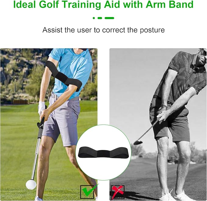 Retractable Golf Swing Training Aid, Click Stick Golf Swing Trainer, Non-Slip Golf Grip, Golf Alignment Sticks & Arm Band, Indoor Outdoor Golf Practice Accessories for Golfers