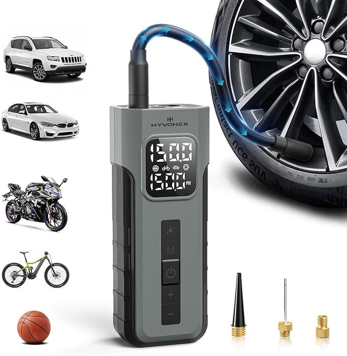 Tire Inflator Portable Air Compressor, 1 Min Fast Inflation Cordless Bike Pump with Digital Pressure Gauge LED Light, 150 PSI Electric Air Pump for Car Tires, Bicycle, Motorcycle, Ball