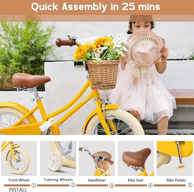 Glerc Little Molly 12-20 Inch Kids Retro Cruiser Bike for 2-13 Year Old with Wicker Basket & Training Wheels/Kickstand, Multiple Colors