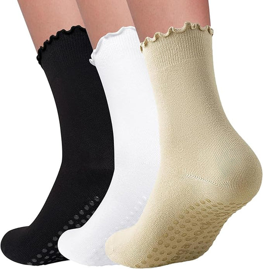 3 Pairs Pilates Socks with Grips Non Slip Ruffle Yoga Grip Socks for Women