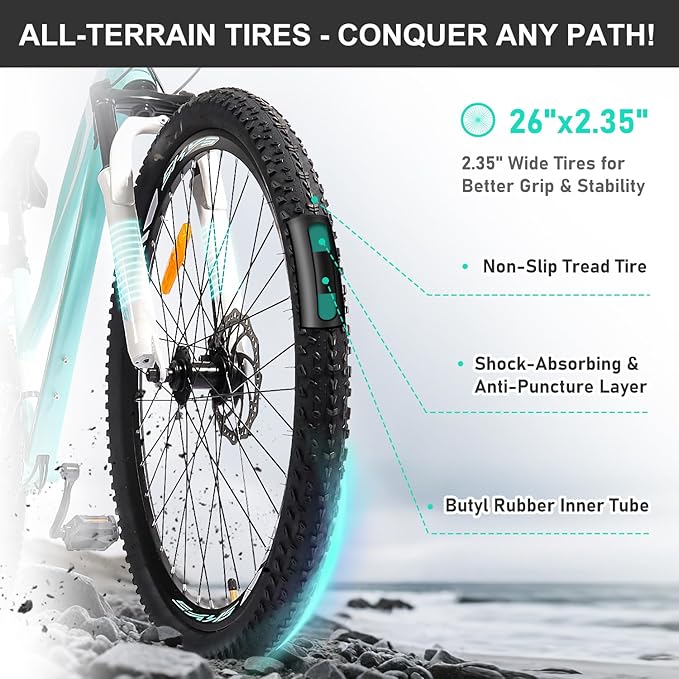 HappyHugs Women’s 26 Inch Mountain Bike, Low-Step Frame, 21-Speed Twist Shifters, Dual Disc Brakes, Front Suspension, 26×2.35 All-Terrain Tires for City Commute & Park Trails