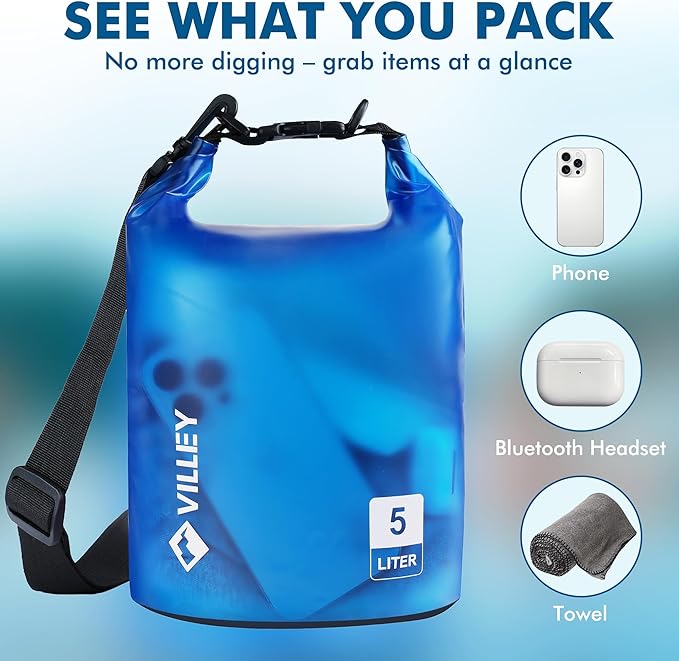 VILLEY Dry Bag Waterproof 5L Roll Top Sack Keeps Gear Dry Lightweight Sack for Kayaking Boating Camping Swimming and Beach Adventures Blue Transparent