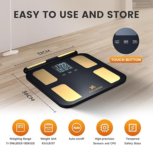 EILISON Smart Scale for Body Weight: 8-Electrode Precision Digital Bathroom Scale for Fat BMI 32 Muscle Body Composition Analyzer, Highly Accurate Weighing Machine, 400lbs (8 Electrode Black)