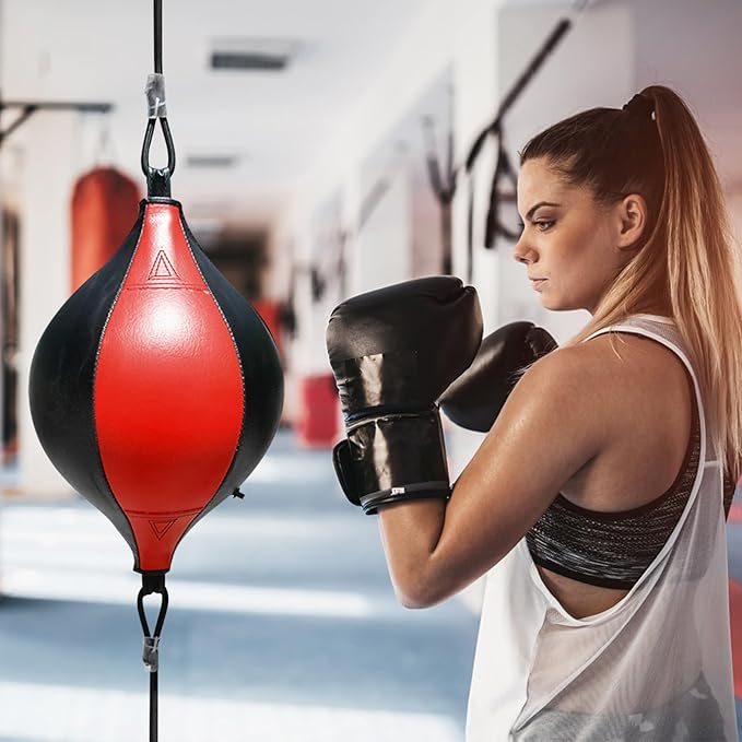 Double End Bag, Boxing Speed Bag with Adjustable Elastic Cords, PU Leather Punching Bag for Adults Kids Fitness Training
