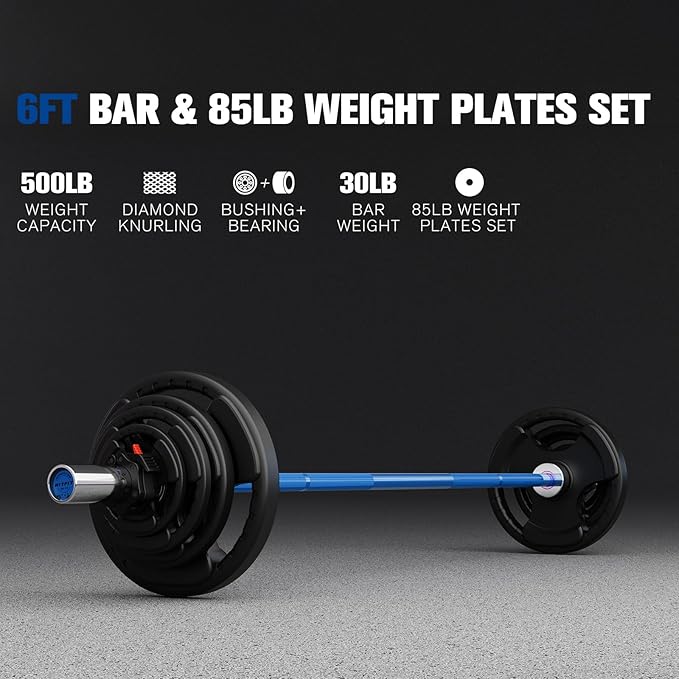 RitFit Barbell Weight Set - 4/6FT Olympic Barbell with Weight Plates (55-275LB Total) - Weightlifting Equipment for Squats, Curls, Deadlifts, Presses, Hip Thrusts