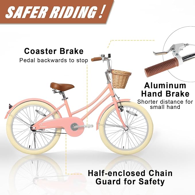 Glerc Little Molly 12-20 Inch Kids Retro Cruiser Bike for 2-13 Year Old with Wicker Basket & Training Wheels/Kickstand, Multiple Colors