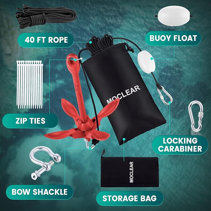 Kayak Anchor Kit, 1.5/3.5 lb Compact Folding Grapnel Anchor for Kayaks, Canoes, SUPs, Jet Skis, Small Boats - Lightweight Portable Marine Boat Anchor with Rust-Resistant Design