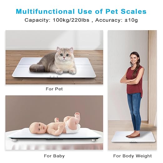 Digital Pet Scale 220lbs x10g Accuracy,Dog/Cat Animal Scales with 3 Weighing Units/Tare/Hold Function,Baby Scale for Pets,Tempered Glass Material,USB Charging,Large LED Platform Scale,White