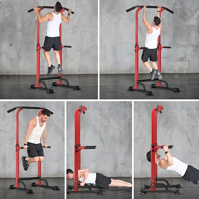 Dland Power Tower Pull Up Bar Dip Station and Height Adjustable Dip Bar Stand, Multi-Function Home Gym Exercise Equipment Strength Training Fitness Workout Station