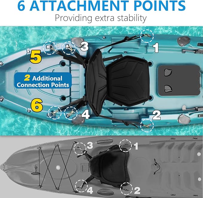 HLOGREE 6-Point Attachment - Thick Padded Kayak Seat Cushion with Back Support,Extra Cushioned Kayak Replacement Seat Universal for Hobie,Sit on Top,Lifetime,Pelican,Perception,Raised,Sit in