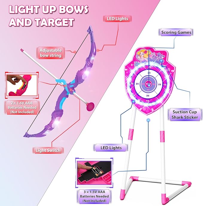 VATOS 2 Pack Bow and Arrow Toy with LED Light - 4 in 1 Archery & Dart Game Set with 20 Suction Cup Arrows, Mermaid Glow Target & Dart Board - Indoor/Outdoor Birthday Gift for Kids Boys Girls Ages 5-12