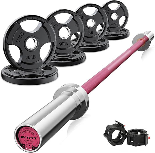 RitFit Barbell Weight Set - 4/6FT Olympic Barbell with Weight Plates (55-275LB Total) - Weightlifting Equipment for Squats, Curls, Deadlifts, Presses, Hip Thrusts