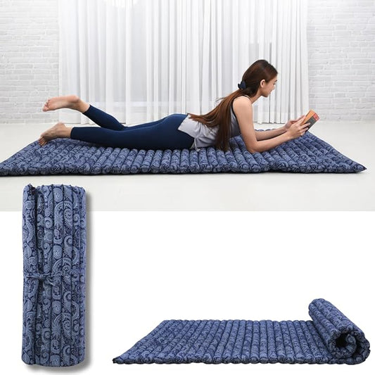 Leewadee - Kapok Roll Mat – Handcrafted Folding Sleep & Relaxation Mattress from Thailand, Ideal as Guest Bed, Camping Mat, Yoga Mat or Traditional Futon, 75 x 39 inches, Blue White