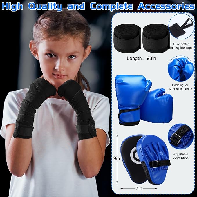 7 Pcs Kids Punching Bag Set Include Boxing Gloves, Inflatable Punching Bag, Hand Wraps, Hand Pads, Air Pump, Kids Boxing Training Set for Karate Kickboxing Taekwondo