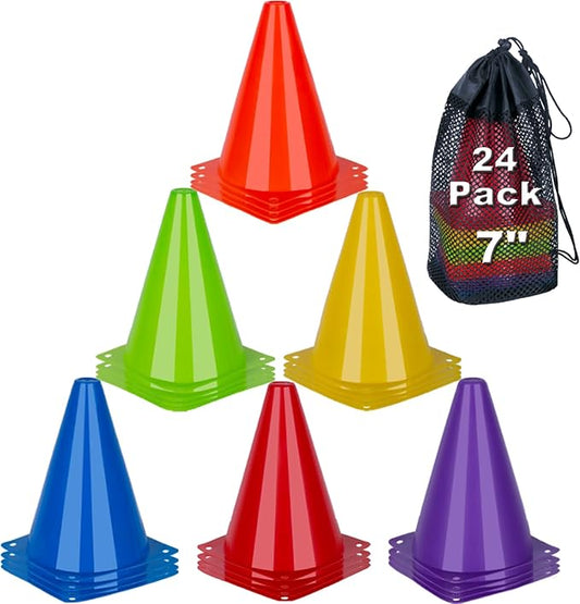 7 Inch Soccer Cones, 24 Pack Cones Sports Training Agility Field Marker Plastic Cones for Skating Basketball Football Practice Drills, Indoor Outdoor Activity Events Games Obstacle Course - 6 Colors