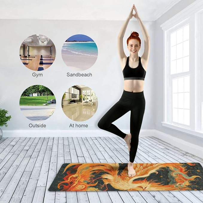 Phoenix Pattern Yoga Mat, 71 x 26 Inch Non-slip Yoga Mats Folding Travel Exercise Mat Indoor Outdoor Gym Pilates with Storage Bag for Women Men
