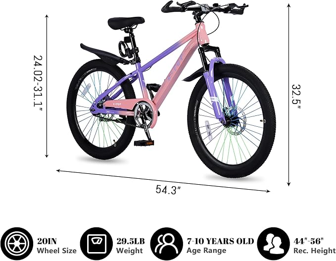 20'' Kids Mountain Bike for 7-10 Years Old Boys Girls, Kids Retro Cruiser Bike Hybrid Kids Bike Carbon Steel/Lightweight Aluminum Frame, Kids' Bicycles for Boys Girls Beginner Level Riders