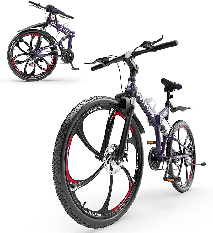 26 ich Folding Mountain Bike, 21 Speed High Carbon Steel Mountain Bike for Adults with 26 Inches Durable Tires, Front Suspension Folding Bicycle for Women and Man